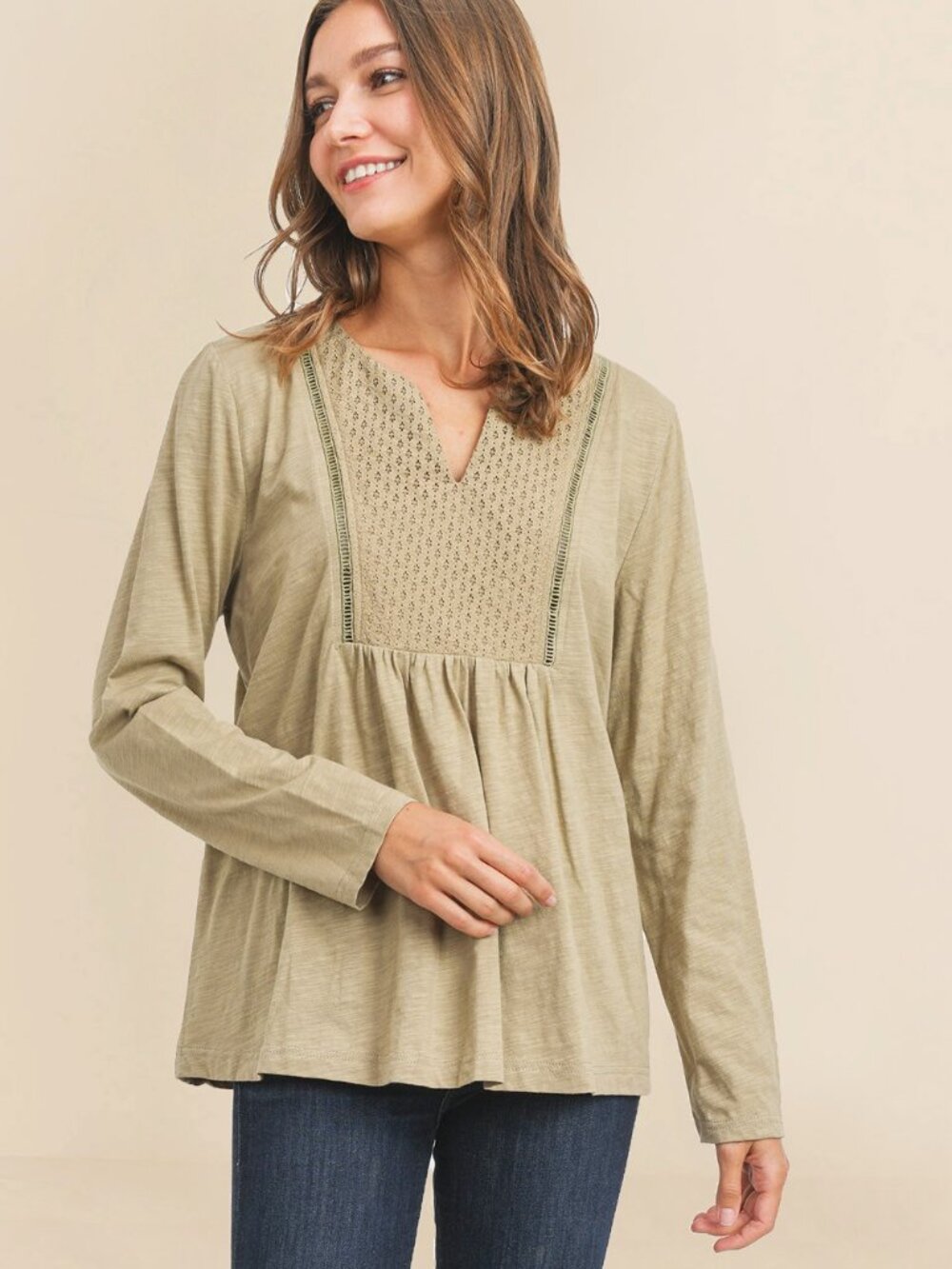 Cotton Bleu Washed Cotton Slub Top With Lace Front NWT Pick Your Size in Sage